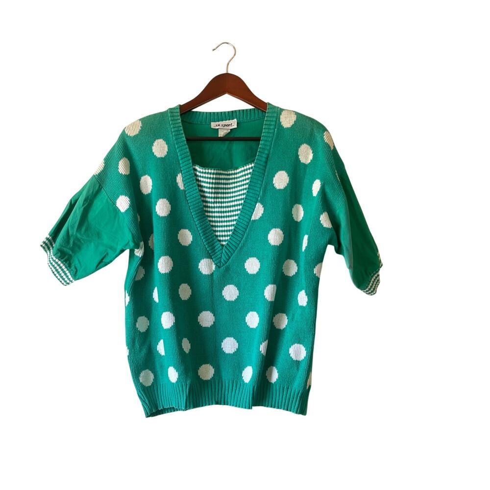 Vintage 80s/90s‎ Green Polka Dot Knit Sweater Top Size Medium